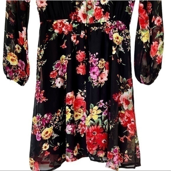 NEW Fraiche By J Dress Black Multi Floral Sheer Long Sleeve Women’s Dress Size M - Picture 4 of 11